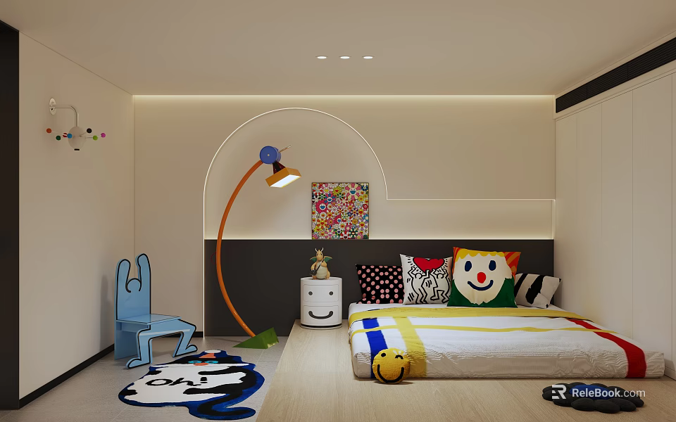 Modern Kids Bedroom With Blue Chair Floor Lamp And Cartoon Decor 3d model 