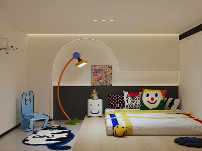 Modern Kids Bedroom With Blue Chair Floor Lamp And Cartoon Decor 3d model