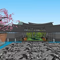 Modern Sales Office Building With Curved Roof Glass Facade Bamboo Plants Water Pool And Lawn