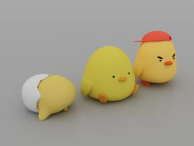 Three Adorable Chick Dolls With Hatching Eggshell Yellow Body And Red Hat Angry Expression 3d model