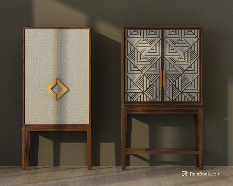 Modern Entryway And Side Cabinet With Light Panel Golden Accent Geometric Pattern Wooden Legs 3d model 
