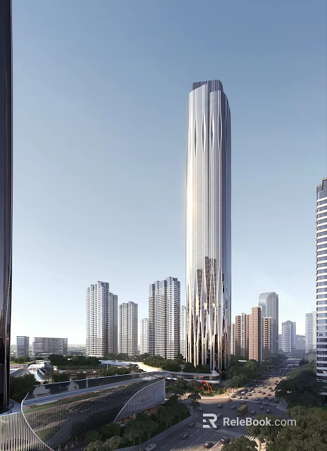 Contemporary High Rise Office Building Featuring Glass Curtain Wall And Urban Skyline 3d model 