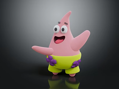 Happy Pink Starfish Character In Yellow Shorts With Purple Flowers And Open Arms 3d model