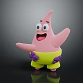 Happy Pink Starfish Character In Yellow Shorts With Purple Flowers And Open Arms