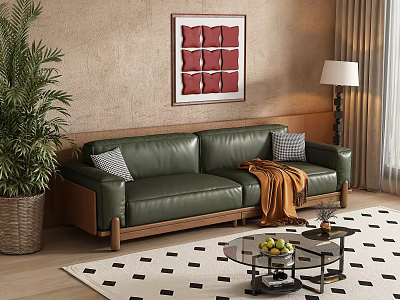 Green Leather Double Sofa With Orange Throw Blanket Pillows Potted Plant Wall Art Coffee Table 3d model