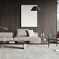 Modern Living Room Interior With Beige Sofa Throw Pillows Marble Wall And Wooden Elements