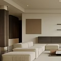 Minimalist Living Room Interior With Light Sofa Coffee Table Wall Shelves And Plant