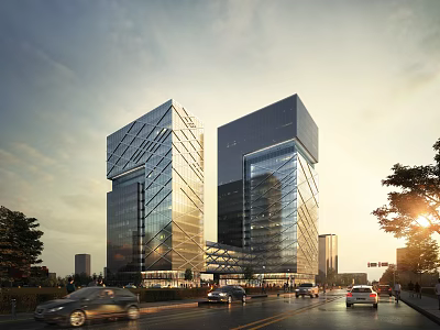 Modern High Rise Office Building With Glass Curtain Wall Urban Street View Traffic And Greenery 3d model