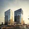 Modern High Rise Office Building With Glass Curtain Wall Urban Street View Traffic And Greenery