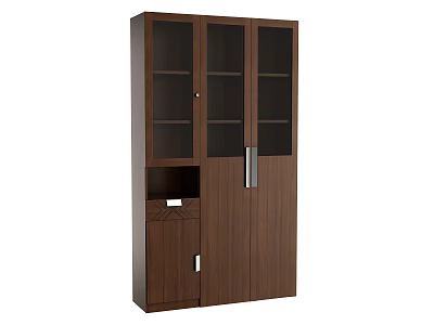 Modern Walnut Wooden Bookcase With Glass Doors And Wooden Storage Cabinets 3d model