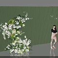 Elegant Floral Installation with Green Vertical Striped Wall White Green Flowers and Decorative Lights