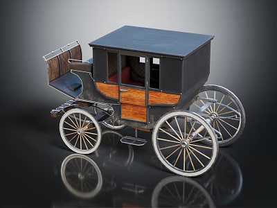 Vintage Old Fashioned Carriage With Wooden Panels Black Roof And Spoked Wheels On Reflective Surface 3d model