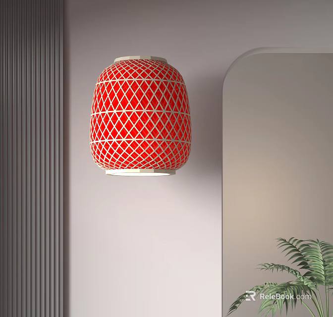 Red Lantern With White Lattice Design Wall Mounted In Modern Interior 3d model