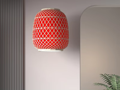 Red Lantern With White Lattice Design Wall Mounted In Modern Interior 3d model