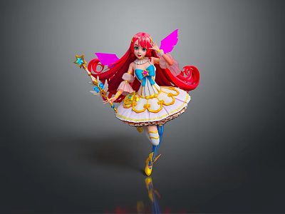Dancing Girl with Pink Hair and Wings Holding Magic Wand in Blue White Yellow Dress 3d model