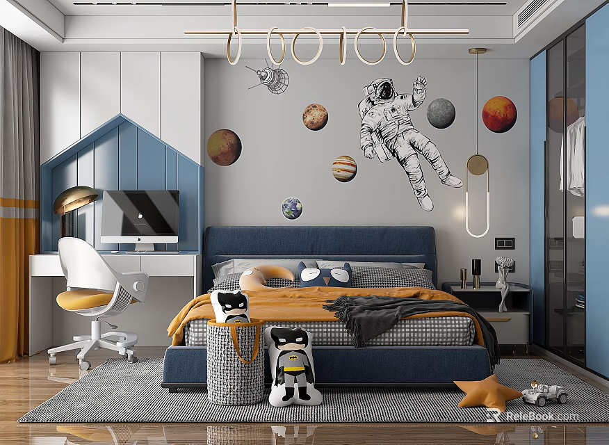Modern Kids Room Interior With Astronaut Wall Decor Planets Blue Bed Study Desk And Chair 3d model 