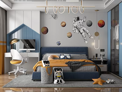 Modern Kids Room Interior With Astronaut Wall Decor Planets Blue Bed Study Desk And Chair 3d model
