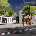 Picturesque Village Street With Stone Path People Walking Traditional Houses Trees And Car