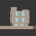 Cartoon Style Multi Story Building Model With Pink And Blue Exterior Windows And Entrance