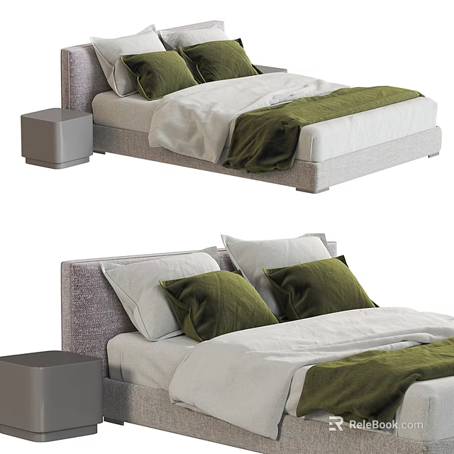 Modern Double Bed With Gray Headboard Green Pillows White Sheets And Nightstand 3d model
