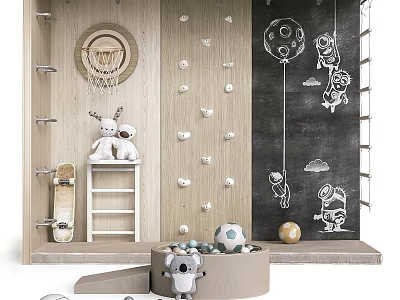 Kids Play Area With Climbing Wall Chalkboard Basketball Hoop Ball Pit And Toys 3d model