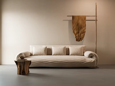 Minimalist Double Sofa With Three Cushions Wooden Side Table And Hanging Cloth On Light Wall 3d model