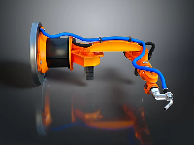 Orange Blue Robot Arm With Black Components On Dark Reflective Background 3d model