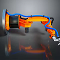 Orange Blue Robot Arm With Black Components On Dark Reflective Background 3d model
