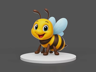Cute Cartoon Bee With Yellow Black Stripes Blue Wings Standing On White Circular Base 3d model