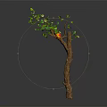 Cartoon Tree Scene With Green Leaves Small Yellow House And Brown Trunk On Dark Background