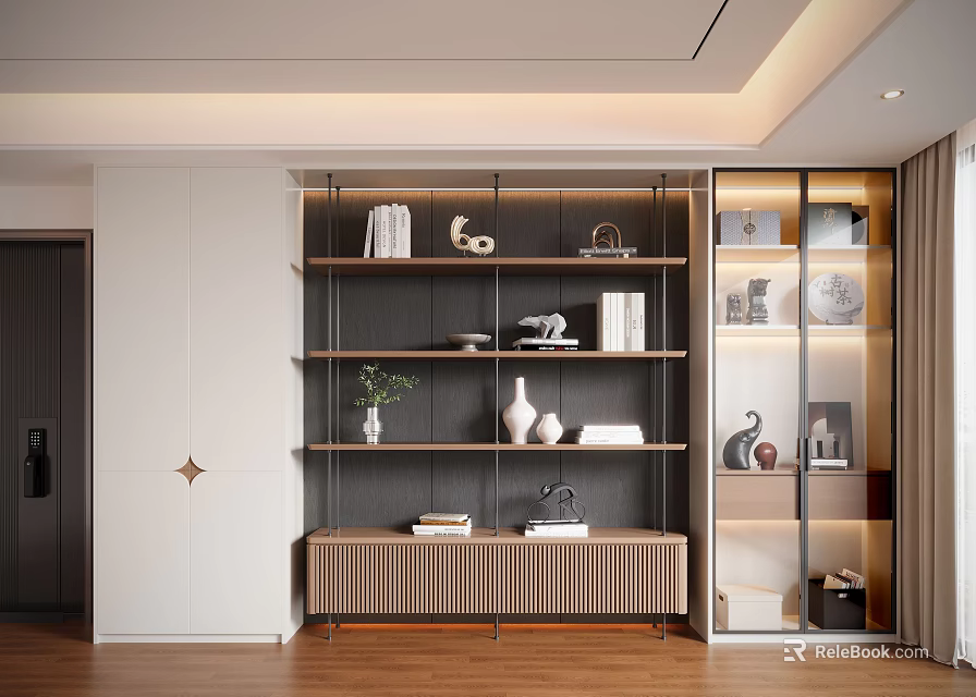 Elegant Modern Decorative Cabinet With Shelves Glass Doors And Decorative Items 3d model 