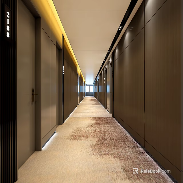 Modern Hotel Corridor Interior With Recessed Lighting Patterned Carpet And Wooden Doors 3d model 