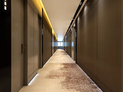 Modern Hotel Corridor Interior With Recessed Lighting Patterned Carpet And Wooden Doors 3d model