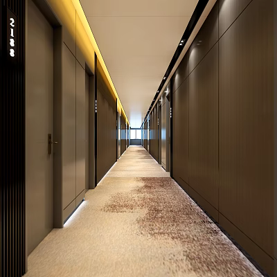 Modern Hotel Corridor Interior With Recessed Lighting Patterned Carpet And Wooden Doors 3d model
