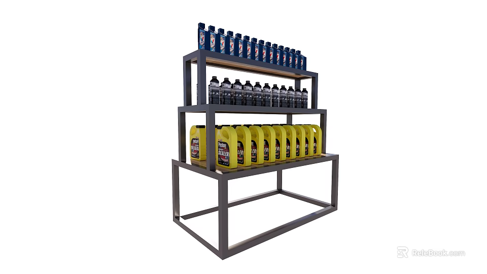 Display Shelf Featuring Neatly Arranged Blue Black And Yellow Bottles On Multiple Layers 3d model 