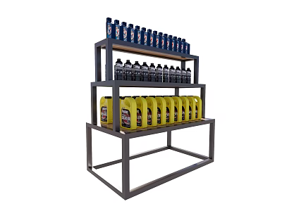 Display Shelf Featuring Neatly Arranged Blue Black And Yellow Bottles On Multiple Layers 3d model