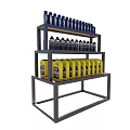Display Shelf Featuring Neatly Arranged Blue Black And Yellow Bottles On Multiple Layers