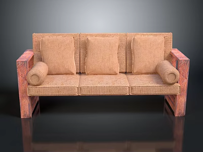 Woven Three Seat Sofa With Rolled Wooden Armrests And Soft Cushions 3d model
