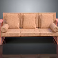 Woven Three Seat Sofa With Rolled Wooden Armrests And Soft Cushions