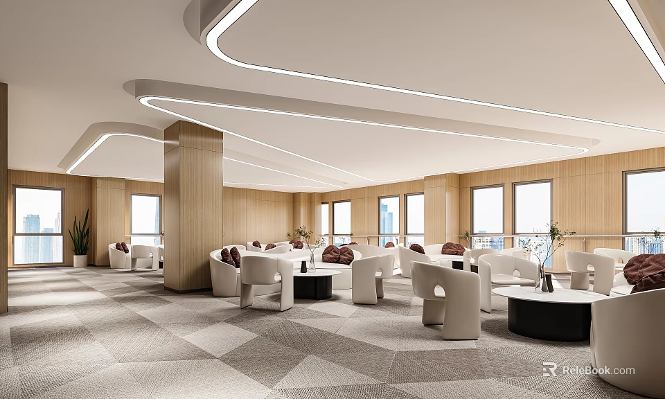 Modern Lounge Area Interior With Wooden Walls White Furniture Geometric Carpet And Ceiling Strip Lights 3d model 