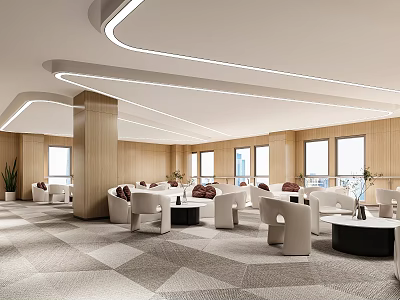 Modern Lounge Area Interior With Wooden Walls White Furniture Geometric Carpet And Ceiling Strip Lights 3d model