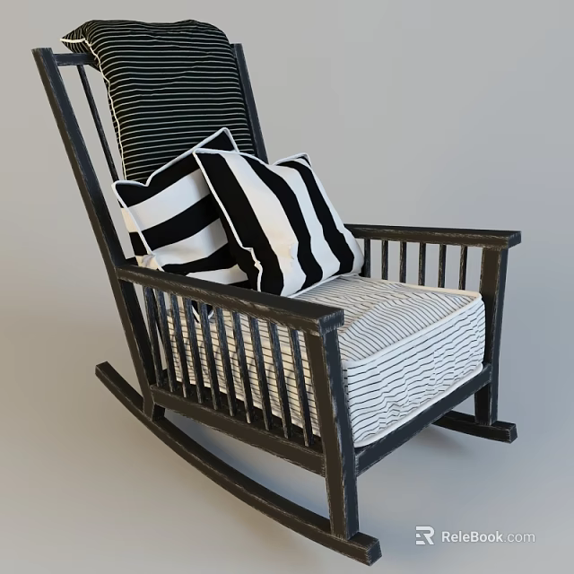 Rocking Chair with Dark Wooden Frame Striped Backrest Seat Cushion and Black White Striped Pillows 3d model 