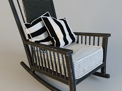 Rocking Chair with Dark Wooden Frame Striped Backrest Seat Cushion and Black White Striped Pillows 3d model