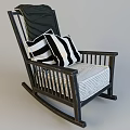 Rocking Chair with Dark Wooden Frame Striped Backrest Seat Cushion and Black White Striped Pillows