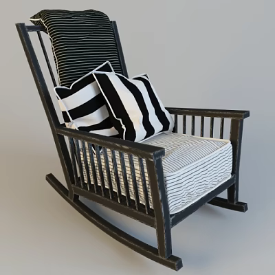 Rocking Chair with Dark Wooden Frame Striped Backrest Seat Cushion and Black White Striped Pillows 3d model