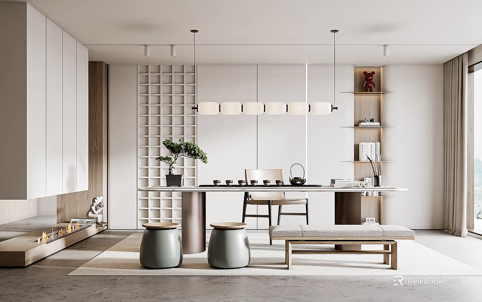 Modern Open Tea Room Interior Design With Wooden Long Table Green Plants And Hanging Lights 3d model 