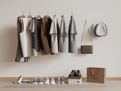 Fashionable Hanging Clothes With Various Styles And Matching Handbag Hat Shoes Shopping Bag 3d model