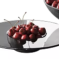 Black Ceramic Vessel Holding Fresh Cherries With Glass Plate And Scattered Fruits