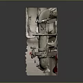 Industrial Wall Mounted Pipe System With White Pipes Valves And Red Equipment