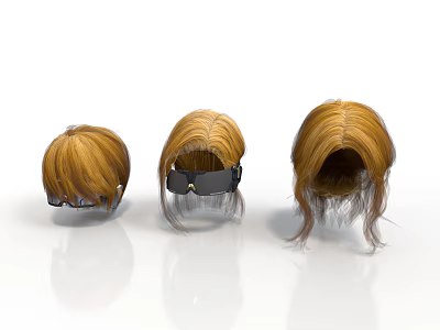 Three Golden Wig Hairpieces With Different Styles Various Lengths And Black Bands 3d model